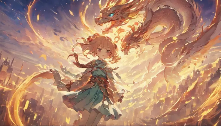 The Chinese White Divine Dragon soared into the air，（Girl manipulates dragons：1.3），（The girl has her back to the camera：1.3），Sky clouds surround the surroundings，Light magic，Fantastic background，Meaning background，Ridiculous background，There are artistic o...