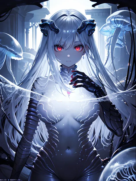 (masterpiece,best quality,ultra-detailed),1girl,smirk, insect body,(red body centipede creature),insectoid,beautiful and detailed face, detailed eyes,silver hair,glowing eyes,(grey theme),in a dark cave,ancient temple,((jellyfish girl))