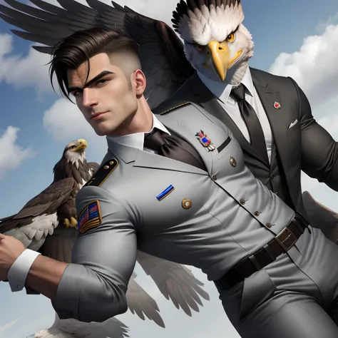 Fusion between a muscled military in suit with a tie and a anthro eagle