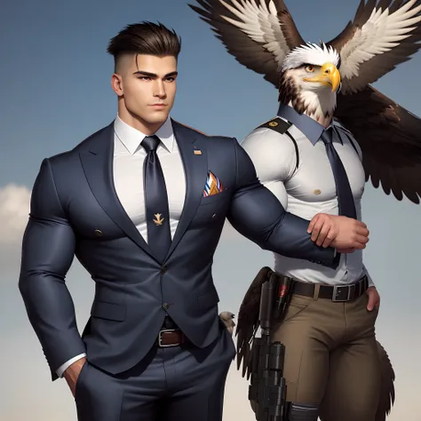 Fusion between a muscled military in suit with a tie and a anthro eagle