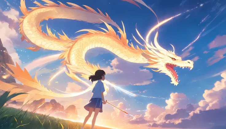 The Chinese White Divine Dragon soared into the air，（Girl manipulates dragons：1.3），（The girl has her back to the camera：1.3），Sky clouds surround the surroundings，Light magic，Fantastic background，Meaning background，Ridiculous background，There are artistic o...