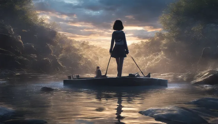 CG，Anime comic style，Surrounded by dark seawater，Sparkling，There is a shimmer at the top，The silhouette of a blurred person is in the middle of the picture，wide angles，The human form is constantly falling