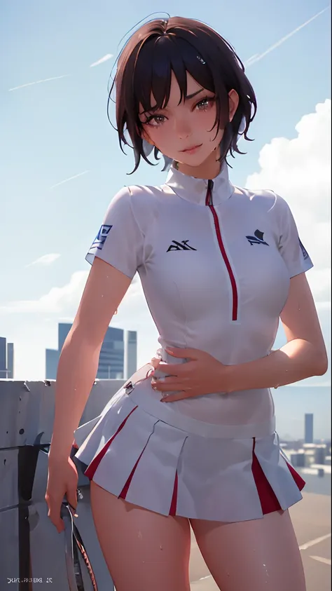 1girl, solo, white polo shirt, white sneakers, tennis wear, white miniskirt, masterpiece, best quality, realistic, hyper-detailed, (shiny skin, sweaty:1.4), absurd, looking at viewer, short black hair, brown eyes, slender, dynamic lighting, high resolution...