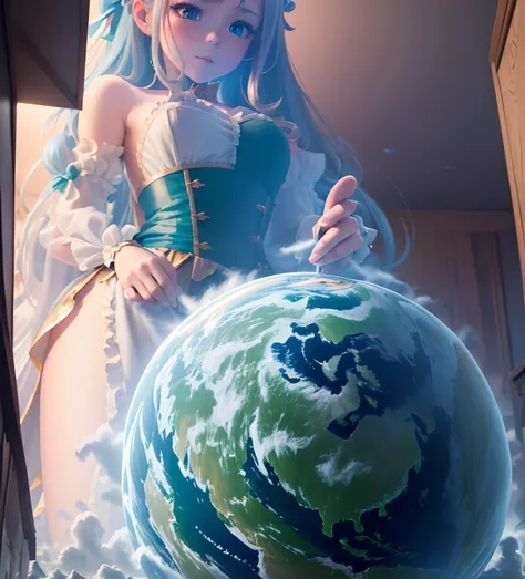 (artwork), (amazing work), (indirect linear lighting), (Chibi-cute studios), (Gif cute anime), (cute cute kawaii), (extremely detailed CG 8k unit wallpaper), (1girl) wearing cute dress, long blue hair with cute ruffled tiara, wearing silk gloves, white ski...