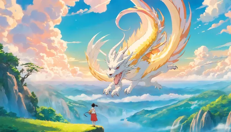 The Chinese White Divine Dragon soared into the air，（Girl manipulates dragons：1.3），（The girl has her back to the camera：1.3），Sky clouds surround the surroundings，Light magic，Fantastic background，Meaning background，Ridiculous background，There are artistic o...