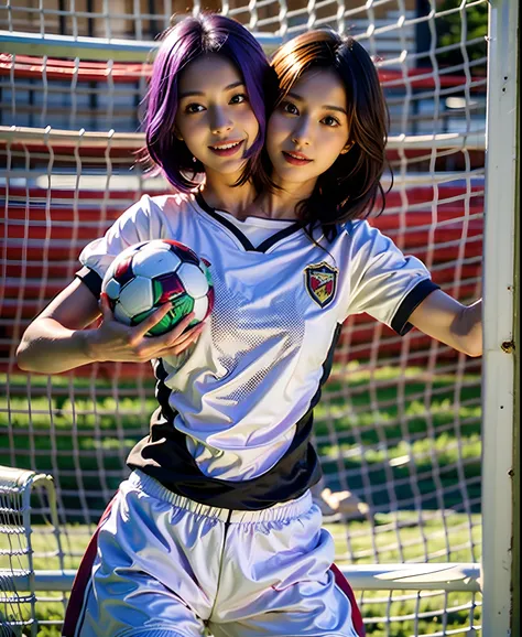 best resolution, girl with two heads, different hair colors, purple hair, brown hair, soccer uniform, holding soccerball, soccer goalpost background