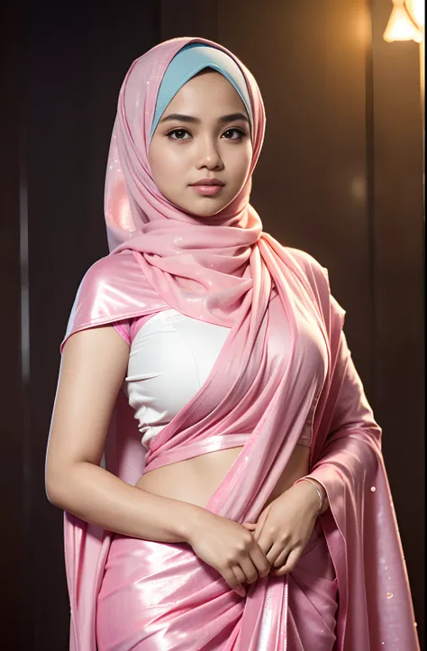 1 malay girl , modern plain hijab, shy, medium portrait shot , watery eyes , pink glowing particles, wear pastel saree,(( big breast)), pink light bokeh background, proportional body,