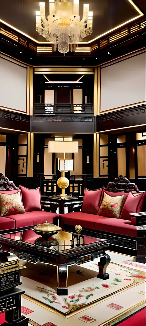 There was a large living room，Lots of furniture inside, luxurious environment, inspired by Wang Yi, inspired by Lu Guang, ornate cyberpunk interior, elegant and ornate, cyberpunk chinese ancient castle, shanghai, exquisitely ornate, ornate and elegant, ins...