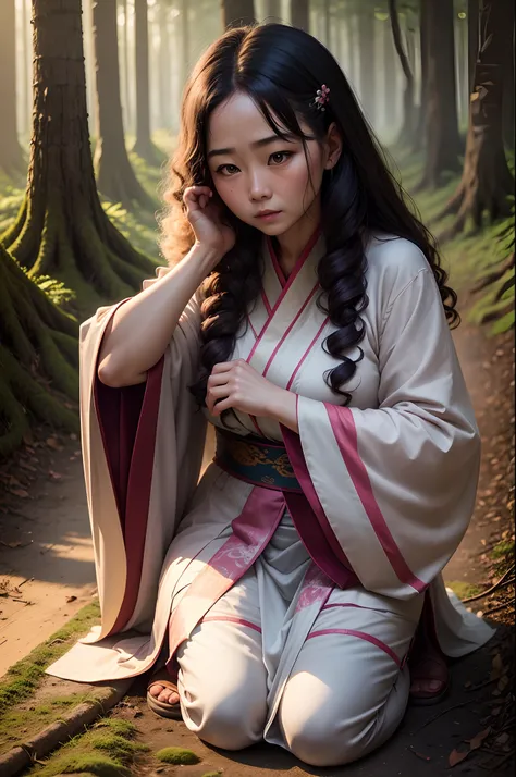 An elderly woman, Kneel on the ground in the forest, wearing a hanfu, There was a 17-year-old girl next to her, Curly hair, Chiaroscuro, vanishing point, hyper HD, Best quality, A high resolution, 1080p, ccurate