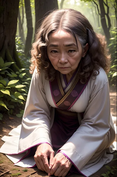 An elderly woman, Kneel on the ground in the forest, wearing a hanfu, There was a 17-year-old girl next to her, Curly hair, Chiaroscuro, vanishing point, hyper HD, Best quality, A high resolution, 1080p, ccurate