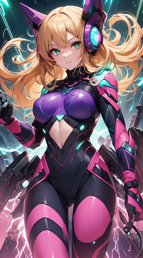 top-quality、Top image quality、​masterpiece、Android Girl((14years、Red, Black and blue glowing cybersuit、Blue energy source for the chest,Best Bust、Bust 90、Blonde Away Tail、Blue-green eyes、open chest wide、Valley、Happiness、A slender、Warlike face、Stand at the ...