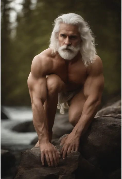 Greek god man faun naked in a lake nature.  oil painting style. long  white hair, muscled. handsome, sexy, hot.  natural pose. horns. realistic soft penis