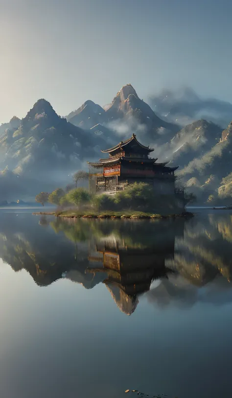 Guofeng,Chinese style,((Summer, Huangshan National Park,Painting ancient art style,Traditional Chinese painting,Painting lake landscapes, Reflection of a mountain on the lake)),Painting,Volumetric solar illumination,((High quality:1.2, Masterpiece:1.2)),Oi...