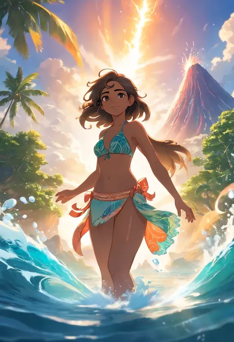 epic movie poster, volcano erupting, award winning (full body:1.3) portrait photo of a (moana:1.2), (seashell bikini:1.2), (water goddess:1.2), tribal tattoos, (wading:1.2) in the pacific (ocean:1.1), arms behind head, (partially submerged shot:1.2), (wave...