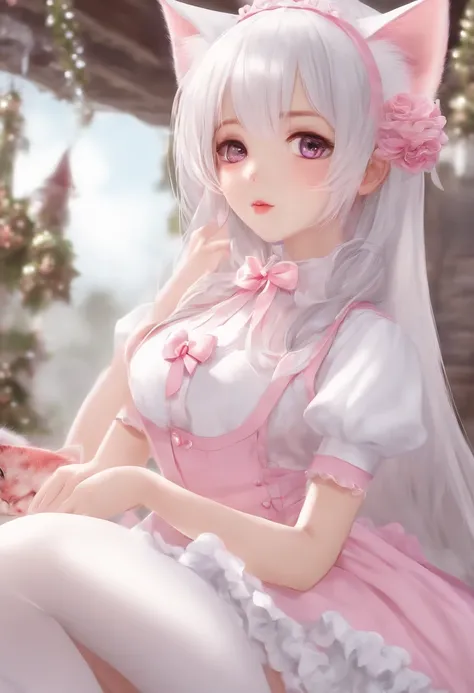 Girl with pink cat ears, Cats tail, Glasses, Long silver hair, Bell Collar, Pink and white maid clothes, and white stockings