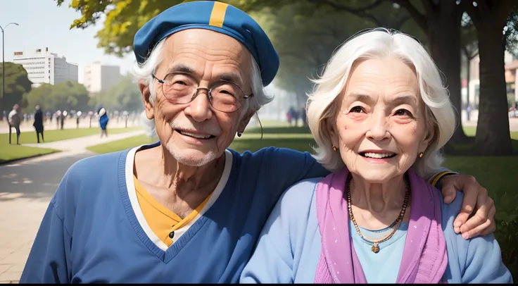 Celebrate Wisdom and Life on International Day of the Elderly and National Day of the Elderly, with two elderly people dressed in plain clothes and smiling Brazilian faces in a park.