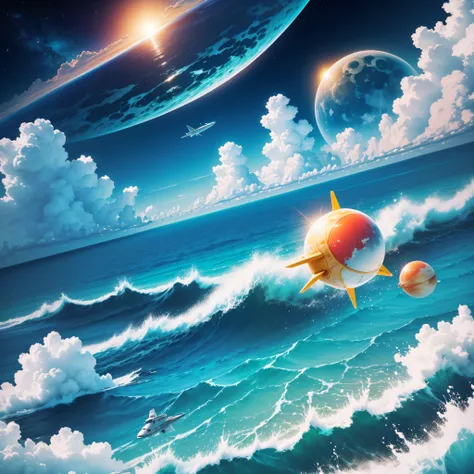 sky, sea, cloud, clouds, nature, water, fish, sun, light, summer, travel, ocean, blue, illustration, air, moon, planet, vector, heaven, airplane, abstract, space, plane, night, earth