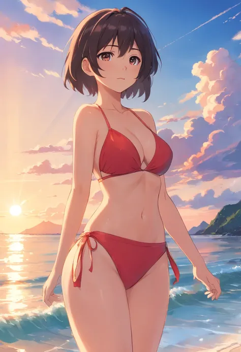 one-girl，cropped shoulders，Huge breasts，Portrait photo，Particularly large breasts，Off-the-shoulder attire，，cleavage，Open navel，Upper body photo，Black color hair，red bikinis，比基尼，swim wears，sandbeach，the sea，Close-up shot，Clouds，the setting sun