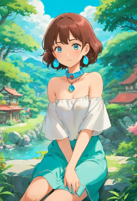 Girl in an anime collar, Long necklaces and earrings, In the style of a tranquil garden landscape, colorful animation stills, Masami Teraoka, aquamarine, paul gauguin, Embry style, Honest portrayal