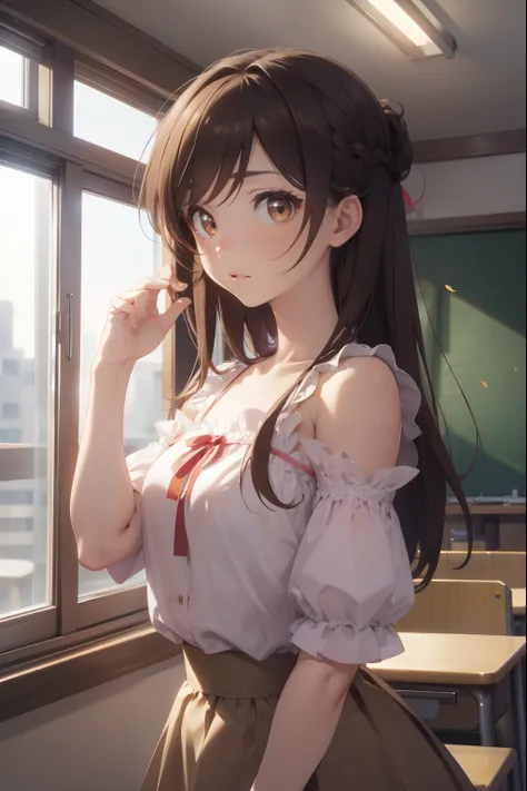 mizuharachizuru, mizuhara chizuru, (brown eyes:1.5), brown hair, long hair, (one side up:1.2),
BREAK bare shoulders, collarbone, pink shirt, puffy short sleeves, puffy sleeves, red bow, shirt, short sleeves, skirt, white skirt,
BREAK indoors, classroom,
BR...