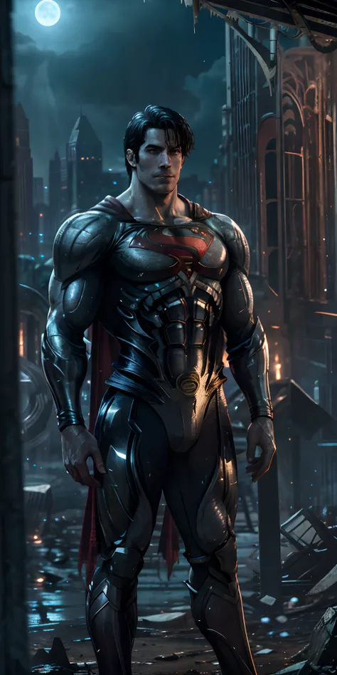 Superman from man of Steel stands imposing in a abandoned haunted lost city. Moonlight highlights your muscles and scars. The scenery is lush and mysterious, with dark city and surroundings. The camera details everything, a warrior woman, in front of him.