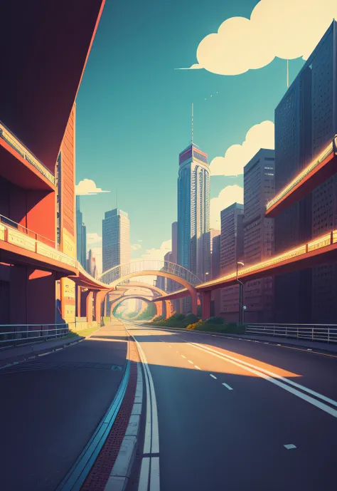 There is a picture of a city with a  road on it, an overpass inspired by Victor Ngai, illustration, illustration!, Victor Style, Excellent use of lines and colors, based on Lubin Baugin, Lee Lafridge, Lubin Baugin, inspired by Osvaldo Viteri