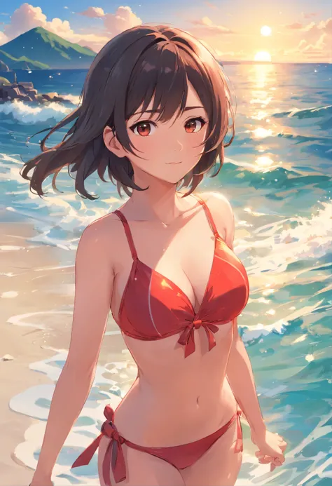 one-girl，cropped shoulders，Huge breasts，Portrait photo，Particularly large breasts，Off-the-shoulder attire，，cleavage，Open navel，Upper body photo，Black color hair，red bikinis，比基尼，swim wears，sandbeach，the sea，Close-up shot，Clouds，the setting sun