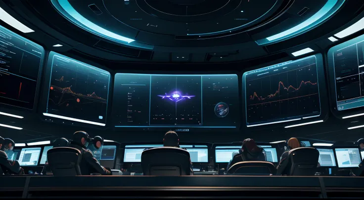 scifi illustration，CG，Watch at the busy employees on the big screen in the monitoring center