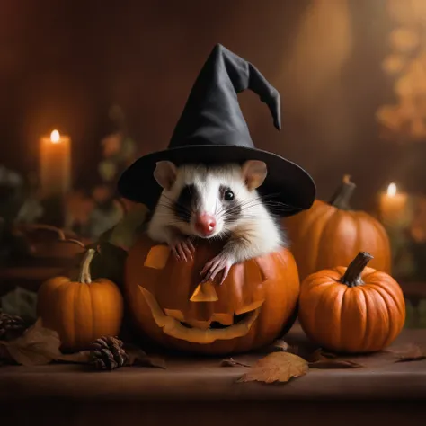 oil painting, opossum sitting inside of pumpkin wearing a witches hat,still life background,fall day,