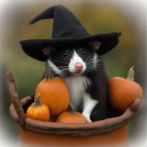 oil painting, opossum sitting inside of pumpkin wearing a witches hat,still life background,fall day,