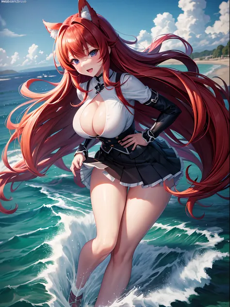 8K-quality、Photorealsitic、8K picture quality、hight resolution、Rias gremory、28 years old、big ass、Large breasts,Booty , skirt wind、Half-taken clothes、Unbuttoned exposed breasts,