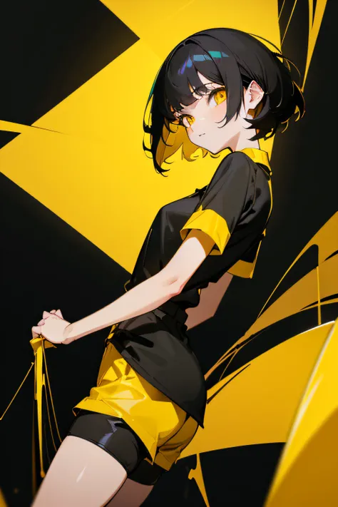 1girl, short black hair with yellow outlines, yellow eyes, wearing plain black shirt with yellow outlines, black shorts, black studio with yellow lights, absurdres, high res, ultrasharp, 8K, masterpiece, looking at viewer