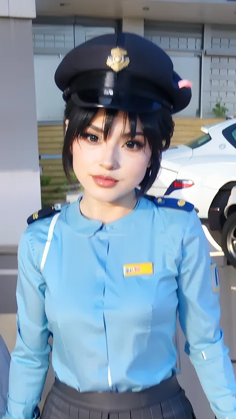 realistic anime character dressed in uniform standing in front of a police car, officer, blue uniform, anime styled 3d, in game, police officer, realistic anime 3 d style, wearing a police uniform, live2d virtual youtuber model, in-game, in - game, inspire...