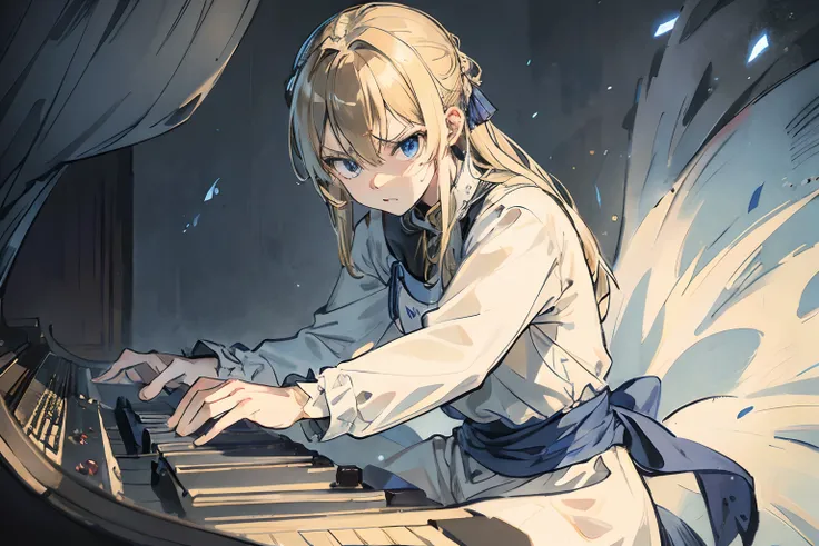 Brahms、a blond、blue eyess、angry、medieval times、Playing the piano、simple background