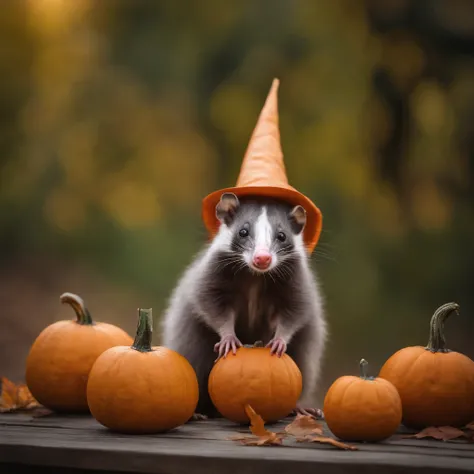 oil painting, opossum sitting inside of pumpkin wearing a witches hat,still life background,fall day,make opossum creepy smile on face