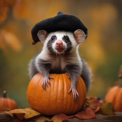 oil painting, opossum sitting inside of pumpkin wearing a witches hat,still life background,fall day,make opossum creepy smile on face