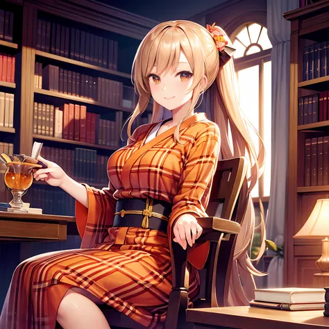 Beautiful orange plaid kimono,Beautiful library background,Have a big book,Sit down and read a book,Desk in the study,Happy smile,