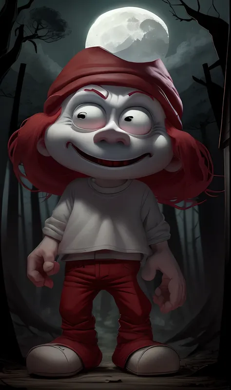 more real character, looks in the face, red hats, red pants, white tee-shorts, no hair round eyes, cartoon character, moon, scary, spooky, night, village in the middle of the forest