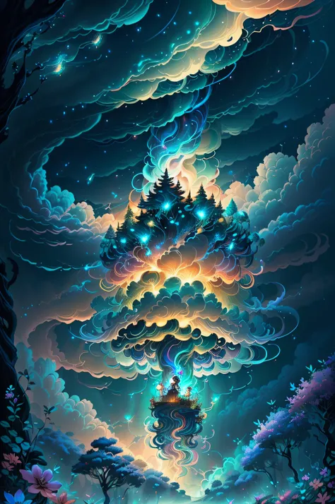 (Swirling clouds and colorful flowers), (forest fireflies fantasy korean Fairy tale world), (midnight), (Irregular), (mysterious), (ridiculous), dreamy, disney, t shirt design, vector,