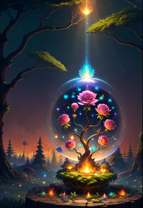 Round crystal fantasy, Beautiful Phoenix,"ethereal roses, glowing little mushrooms surrounded by delicate leaves and branches, and fireflies and glowing particle effects", (Natural elements), (Forest theme), (Leaves), (Branches), (fireflys), butterflys, (d...