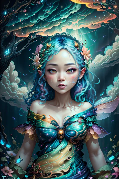 (Swirling clouds and colorful flowers), (forest fireflies fantasy korean Fairy tale world), (midnight), (Irregular), (mysterious), (ridiculous), dreamy, disney, t shirt design, vector,