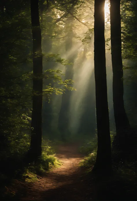 In a forest, a path shines with light. The background is a magical forest, creating an atmosphere that is very magical and dreamlike, enchanting magic, and enchanting magical fantasy. The forest is inhabited by magical fairies and fireflies. It is a type o...