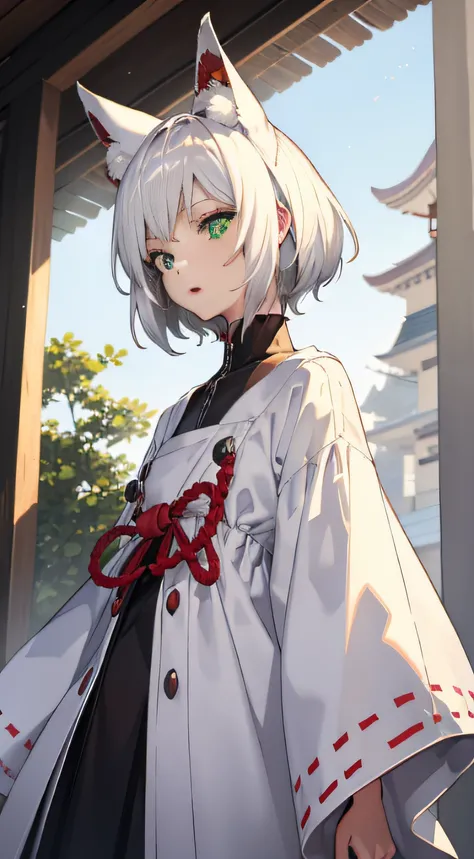 1 person Green eyes Fox ears White hair Shortcut Standing Looking into the camera Night Shrine