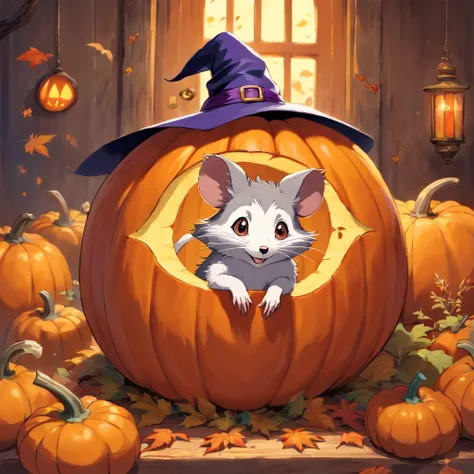 oil painting, opossum sitting inside of pumpkin wearing a witches hat,still life background,fall day,