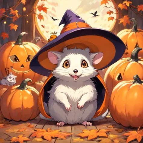 oil painting, opossum sitting inside of pumpkin wearing a witches hat,still life background,fall day,