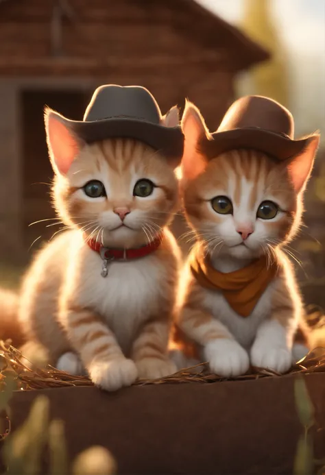 There are two cute cats, known as Cowboy Cats, cute kittens, two-headed cats, kittens, Cats, CatsCatsCat, and cute cats. They are sitting together in a field, dressed in farm clothes. They are cute in the style of 🍁 and 🍂, and are the cutest. They are know...