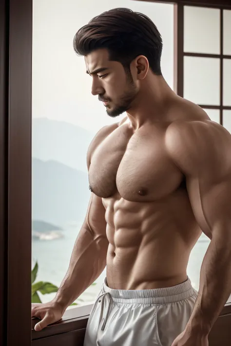 disconsolate，Ambient，artistic conception，large scene，The wind blew up the white curtains，Big sky lantern，diffuse light，chest muscle，Shirtless, stubbles, Sideburns, musculature, Strong handsome guy，body builder，Hanfu，gold blue colors、Jing Qing Moqing、Pure c...