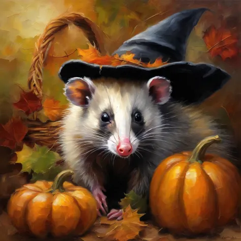 oil painting, opossum sitting inside of pumpkin wearing a witches hat,still life background,fall day,