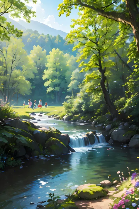 a forest crossed by a river, flowers, swallows in the sky, spring, children playing. the light filters through the branches of t...