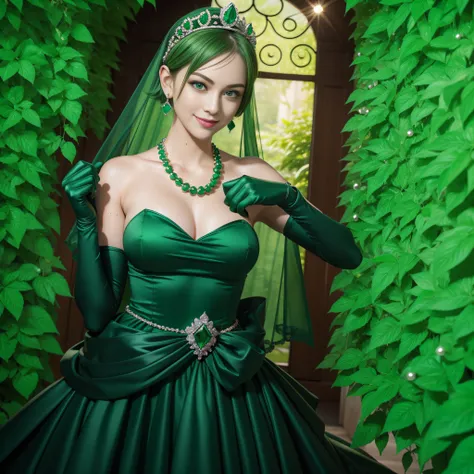 emerald tiara, Green Pearl Necklace, Boyish very short green hair, lipsticks, Japan woman smiling, very short short hair, fist, big breasts beautiful, Green eyes, Long green gloves made of satin material, Green eyes, Emerald Earrings